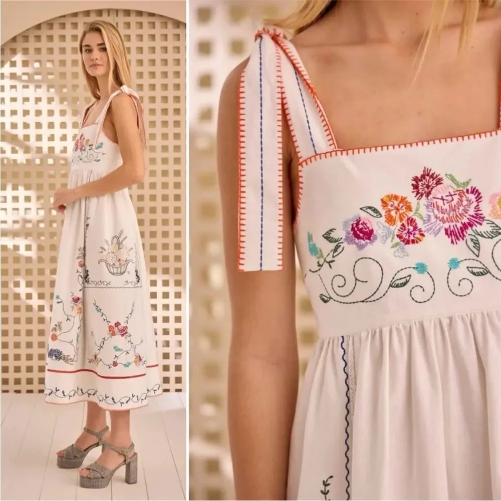 Hunter Bell Midi Dress Stefy Embroidered White Cotton Floral NWT 6 - Picture 7 of 14